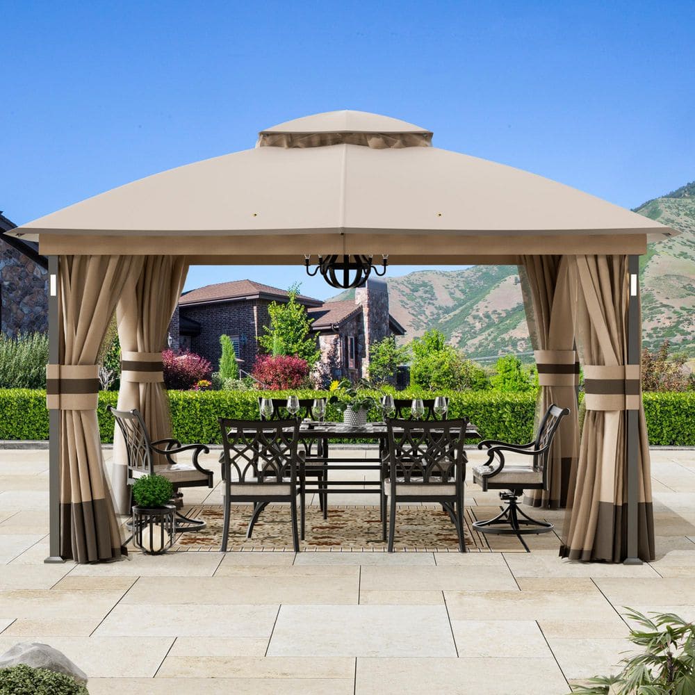 Patio Gazebo 11 ft. x 13 ft. with LED Lights and Bluetooth Speaker, Netting and Curtains, Brown price history on PriceWatchPro