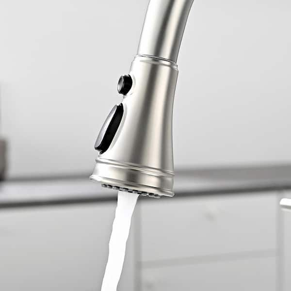 Double Handle Bridge Kitchen Faucet with Pull-Down Spray Head in Brushed Nickel