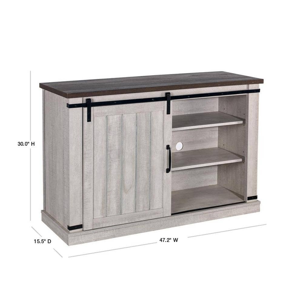 Saw Cut Off White Rustic Sliding Barn-Door TV Stand