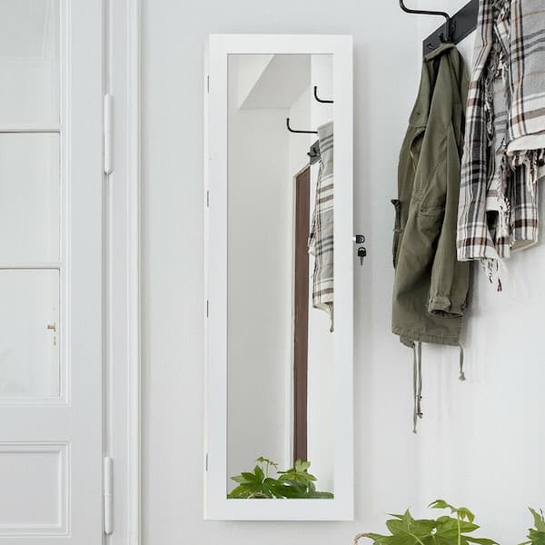 White Door Mounted Lockable Mirrored Jewelry Cabinet with LED Lights