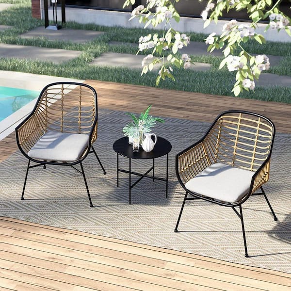 MEOOEM 3-Piece Metal Outdoor Bistro Set with Beige Cushions, Paito ...