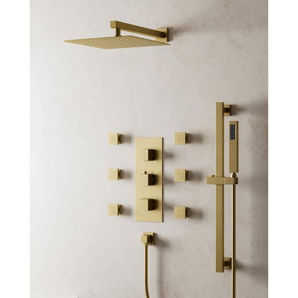 Thermostatic 3-Handle 12 in. Shower Faucet 2.5 GPM with 5-Spray Patterns 6-Jets in Brushed Gold (Valve Included)