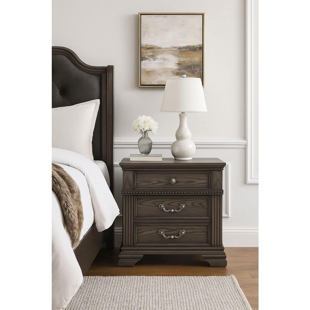 Smooth Gray 3 Drawer 28 in. W Nightstand with Sturdy Knob Pulls