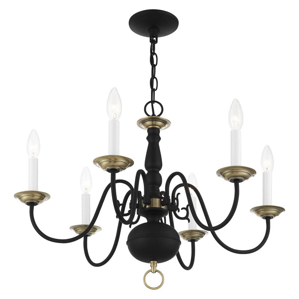 Elegant Colonial Black and Antique Brass 6-Light Crystal Chandelier