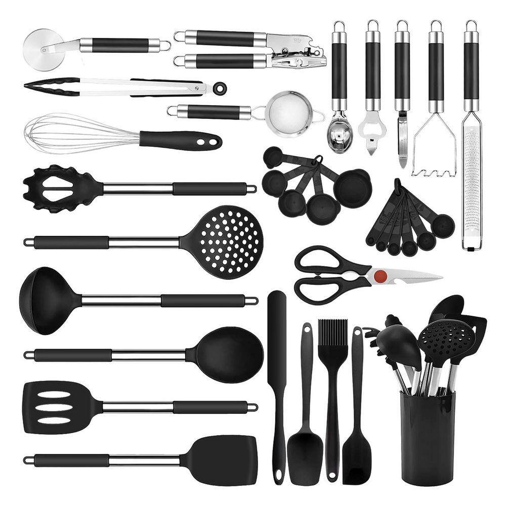 Cooking Accessory Black Silicone Stainless Steel Non-Stick Kitchen Cooking Utensils ...