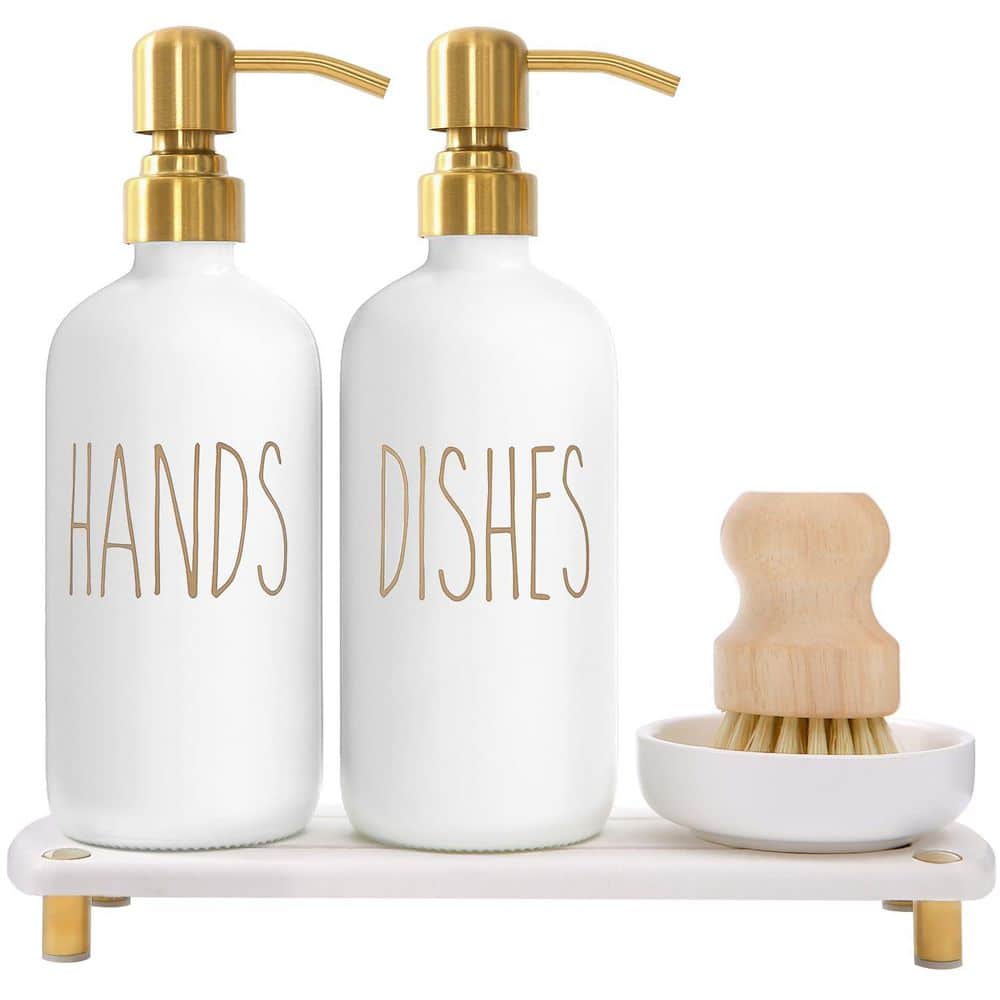 White and Gold Soap Dispenser Set with Stainless Steel Pumps, Instant Dry Tray and Dish Scrub Brush for Kitchen price history on PriceWatchPro