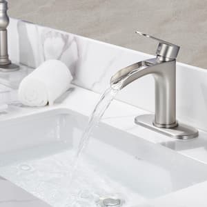 Waterfall Single Hole Single Handle Mid-Arc Bathroom Faucet w/Deckplate,Pop Up Drain Assembly 6.05in.H in Brushed Nickel