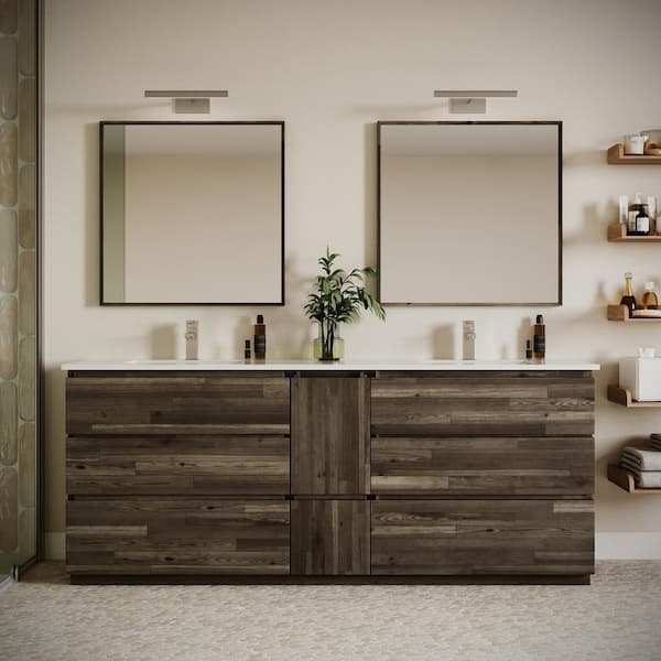 Formosa 84 in. Double Sink Freestanding Acacia Bath Vanity with White Quartz Top, Undermount Ceramic Sinks and Mirrors