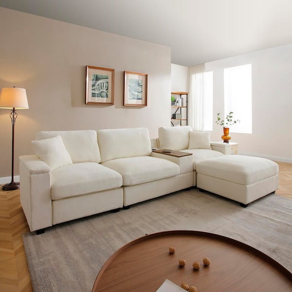 Eile 120.3 in. Linen Rectangle Sectional Sofa in. Beige with 360 Swivel Tray, Cup Holders, USB Charger, Ottoman, Armrest