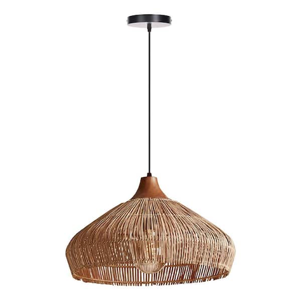 1 Light Natural Hand-Woven Rattan Pendant Light with Dome Shape, No Bulbs Included 20 in.