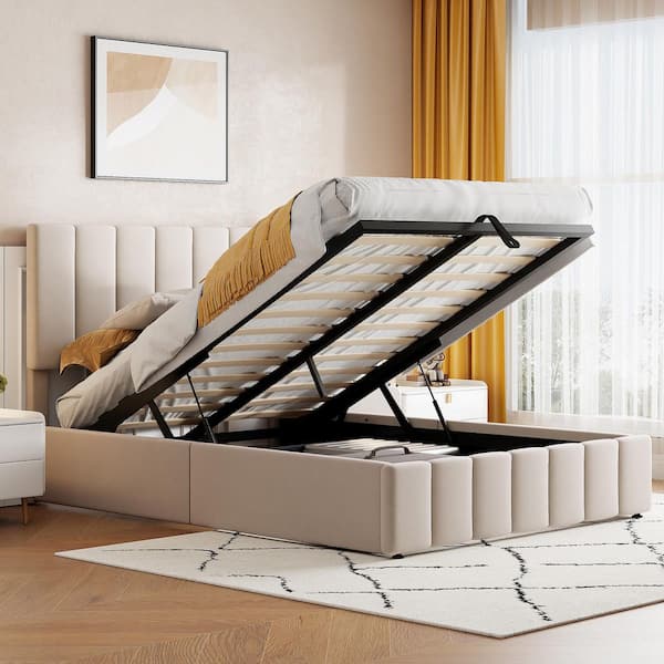 Beige Wood Frame Full Size Platform Bed with A Hydraulic Storage System