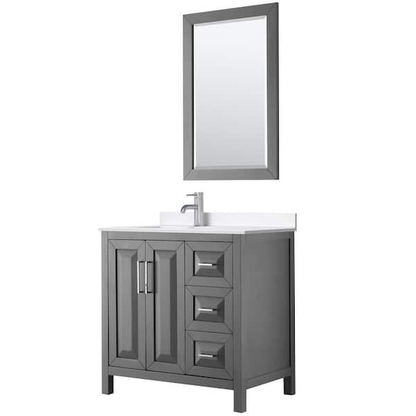 Wyndham Collection Daria 36 in. W x 22 in. D x 35.75 in. H Single Bath Vanity in Dark Gray with White Quartz Top and 24 in. Mirror