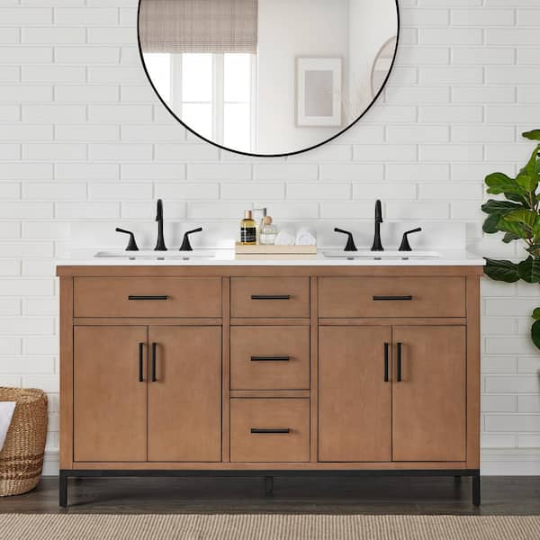 Loren 60 in. Double Sink Freestanding Gunny Bath Vanity with Pure White Engineer Stone Top