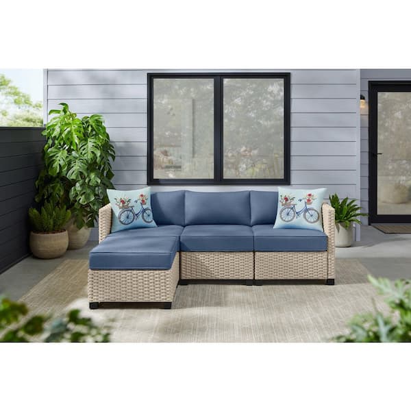 StyleWell Sandpiper Beige Stationary 4-Piece Wicker Patio Sectional Seating Set with Lake Blue Cushions