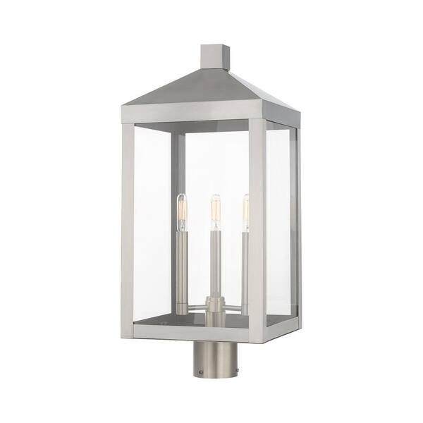 Brushed Nickel Livex Lighting 20586-91 Nyack 3 Light Outdoor Post Top Lantern