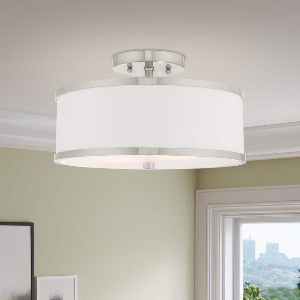 Brushed Nickel 2-Light Semi-Flush Mount with White Drum Shade