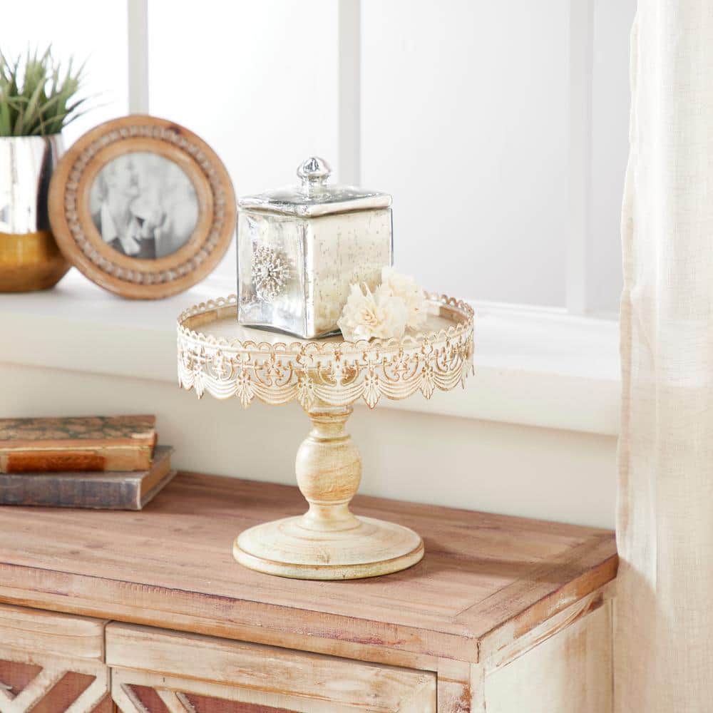 White Metal Lace Trim Pedestal Cake Stand, 10"