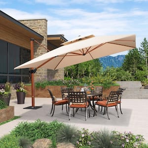 12 ft. Square High-Quality Wood Pattern Aluminum Cantilever Polyester Patio Umbrella with Base Plate, Beige