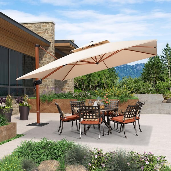 12 ft. Square High-Quality Wood Pattern Aluminum Cantilever Polyester Patio Umbrella with Base Plate, Beige