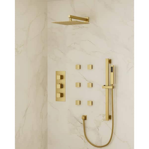 YAWWALK Thermostatic Valve 5-Spray 12 in. Square Shower Head High Pressure Shower System with Hand Shower in Brushed Gold