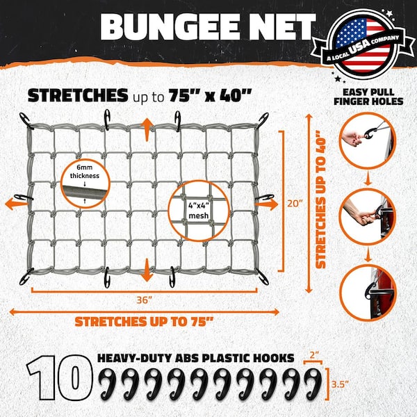 20 in. x 36 in. Heavy-Duty Gray Bungee Cargo Net - Stretches to 42 in. x 74 in.