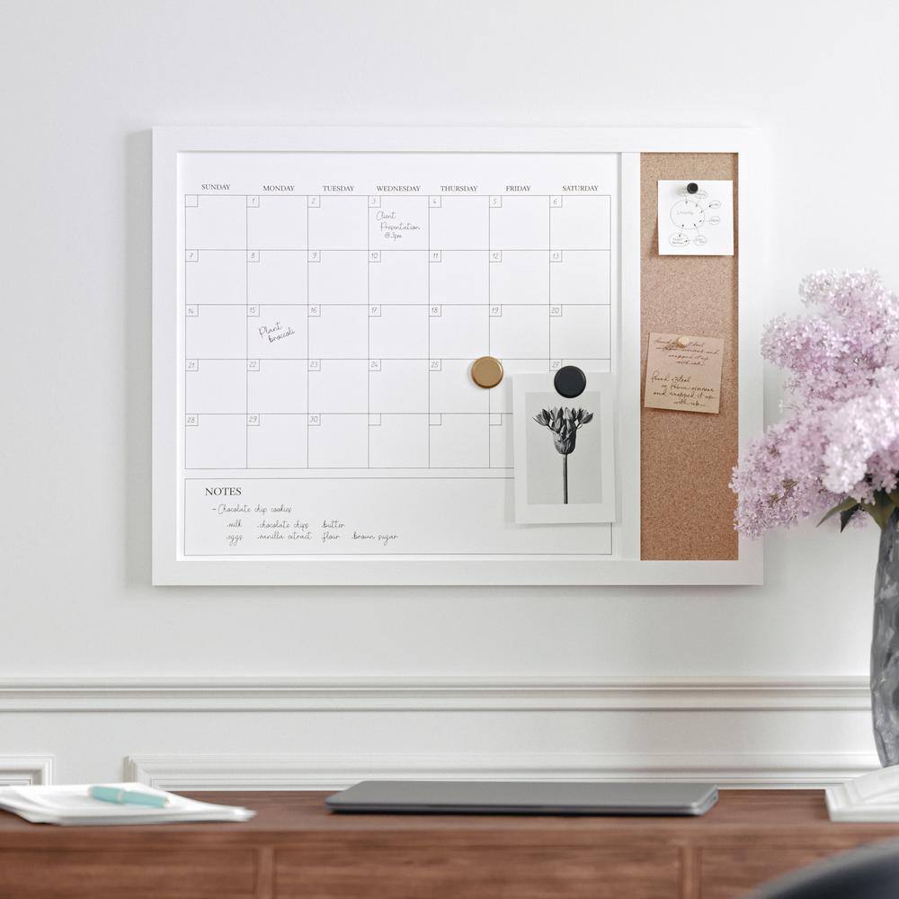 White Woodgrain 24" x 18" Magnetic Dry Erase Calendar and Cork Board Combo