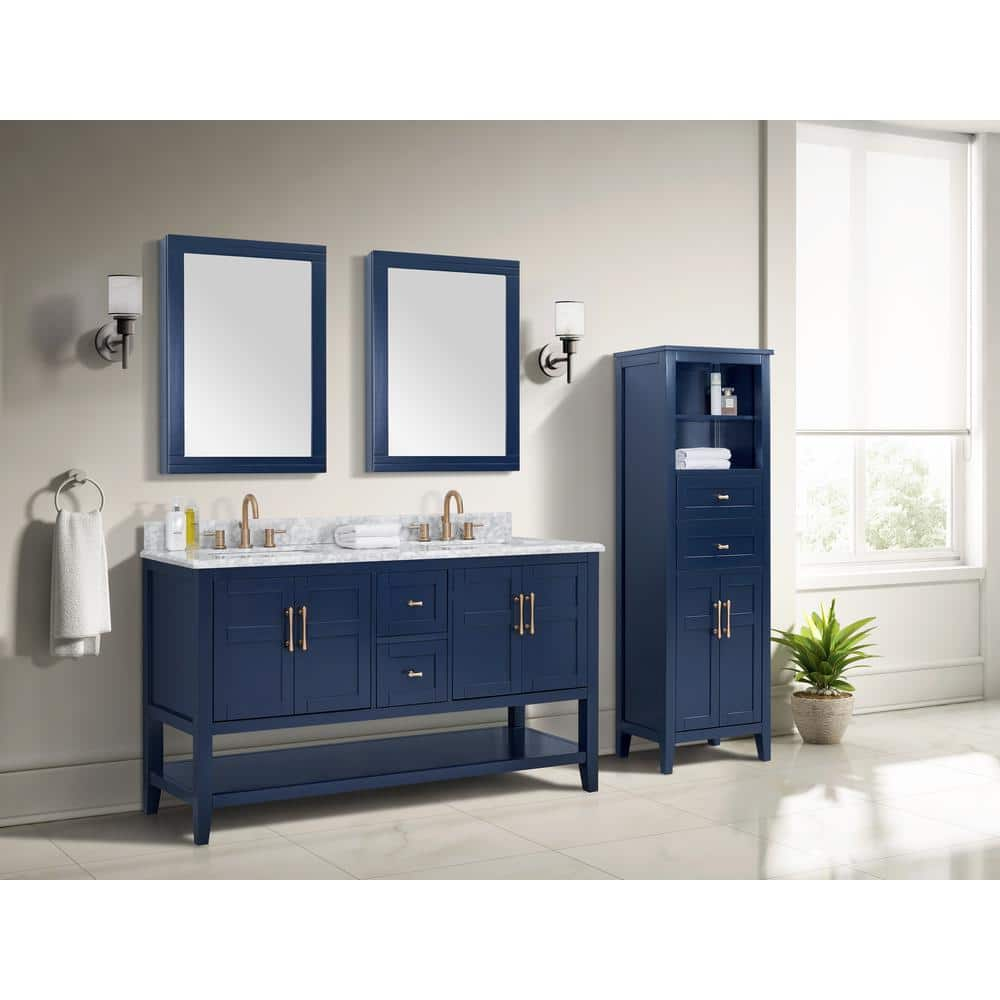 Home Decorators Collection Sturgess 61 in. W x 22 in. D x 35 in. H Double Sink Freestanding Bath Vanity in Navy Blue with Carrara Marble Top