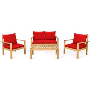 4-Piece Acacia Wood Patio Conversation Set with Red Cushions and Wood Slat Top Table