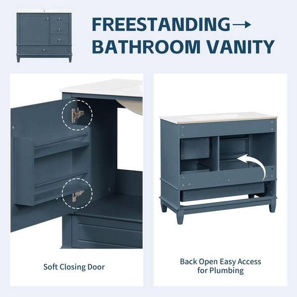 Ziyudura 36 in. Single Sink Freestanding Blue Bath Vanity with