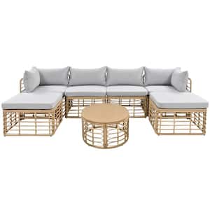 7-Piece Khaki Wicker Outdoor Sectional Sofa Set with Gray Cushions and Pillows for Garden Backyard Balcony