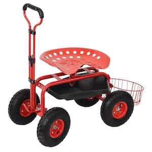 Red Steel Rolling Garden Cart with Steering Handle, Seat and Tray