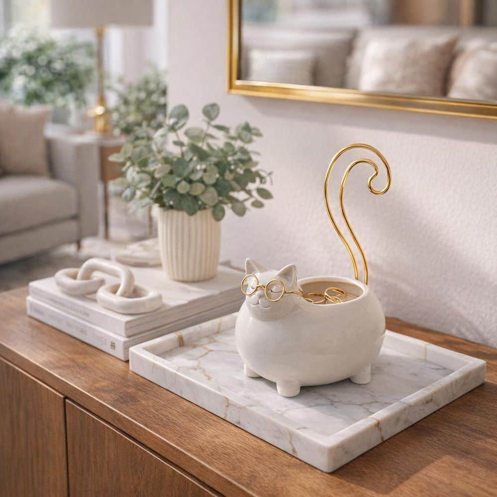 White Ceramic 7 in. Kitty Trinket Tray