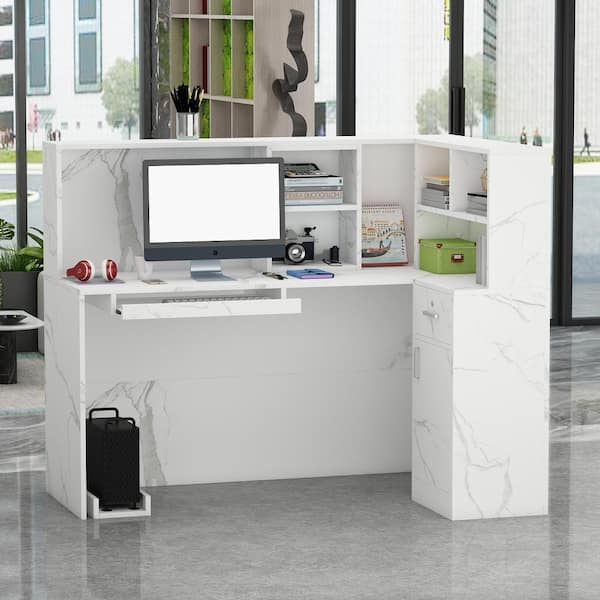 55.9 in. L Shaped Marble Color Wood Executive Desk Reception Computer Writing Desk W/Removable Shelves, Drawer, Cabinet