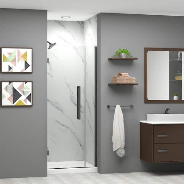 Transolid Elizabeth 32 in. W x 76 in. H Hinged Frameless Shower Door in Matte Black with Clear Glass