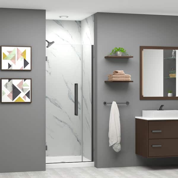 Transolid Elizabeth 32.5 in. W x 76 in. H Hinged Frameless Shower Door in Matte Black with Clear Glass