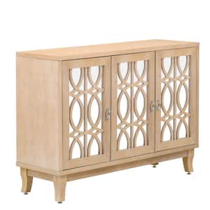Natural Wood Wash Wood 47.2 in. W Sideboard with 3-Doors Mirrored and Silver Handle