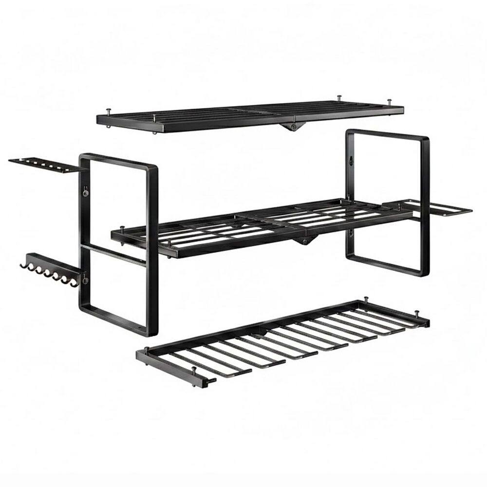 3 Tier Black Steel Heavy Duty Wall Rack with 7 Drill Holders and Hooks, 300 lbs Load, Tool Storage Organizer price history on PriceWatchPro