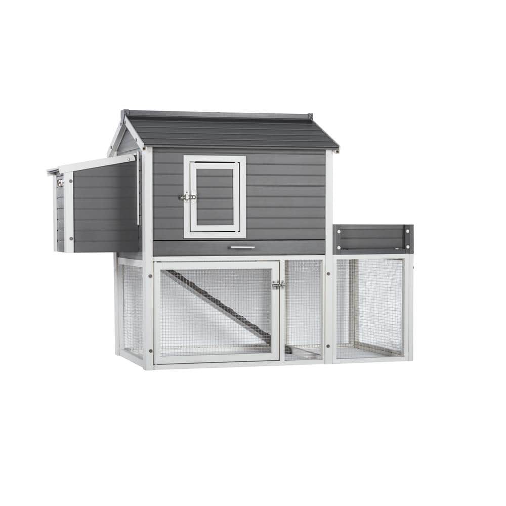 Eco-Friendly Gray and White Two-Level Chicken Coop with Garden Box