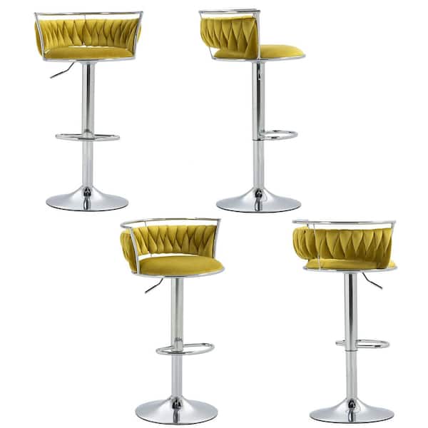 Uixe 38.5 in. Modern Silver Metal Frame Low Back Swivel Adjustable Height Bar Stool with Olive Drab Velvet Seat (set of 4)