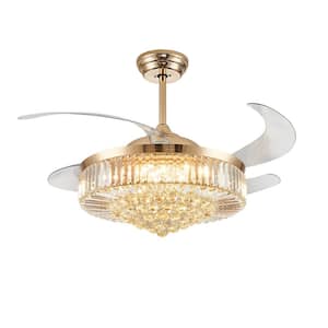 52 in. Indoor Gold Smart Retractable Crystal Ceiling Fan with Adjustable LED Light Included with Remote and App Control