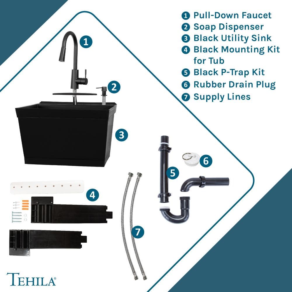 Black Wall Mount Utility Sink with Pull-Down Faucet