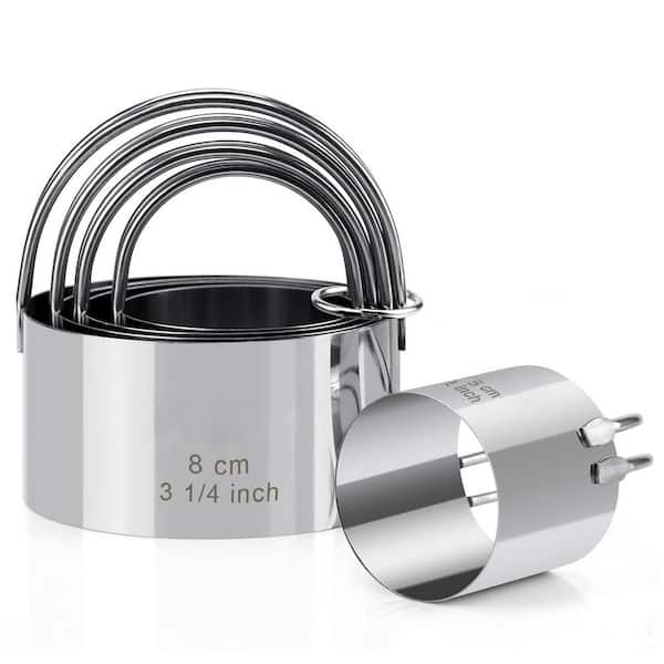5-Piece Silver Stainless Steel Round Biscuit Cookies Cutter with Handle and Ring for Professional Baking