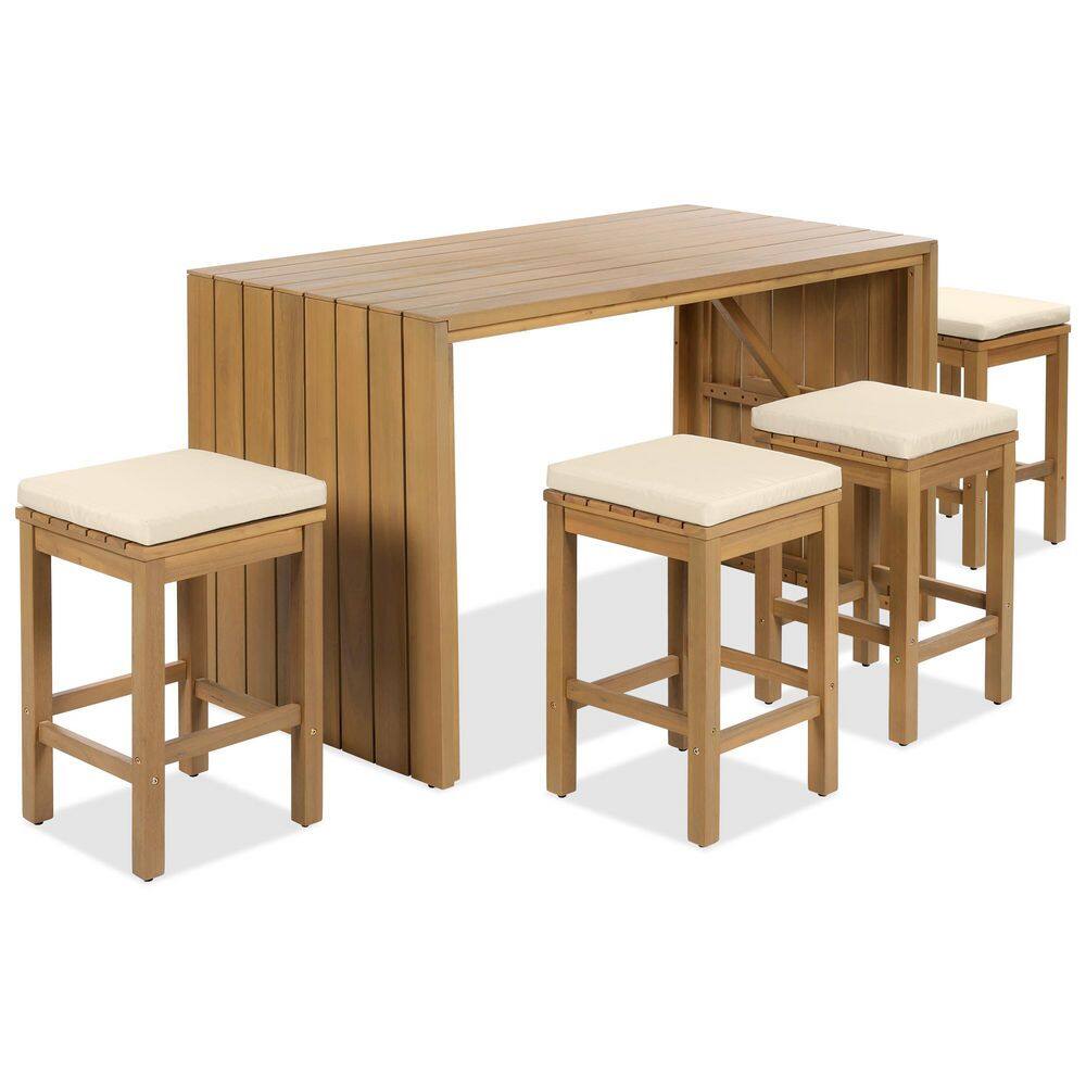 5-Piece Acacia Wood Outdoor Dining Set with Beige Cushions, Patio Bar Set for Backyard, Poolside, Balcony price history on PriceWatchPro