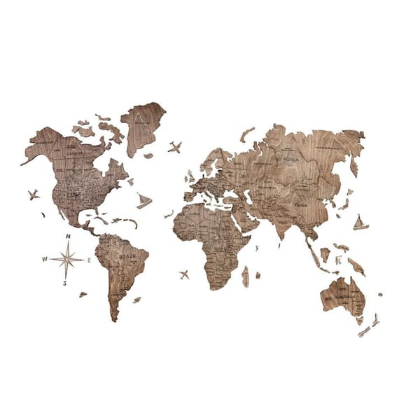 HomeRoots 39 in. x 24 in. Brown Wood World Map Hanging Dimensional Wall Art 1-Piece