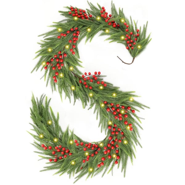 Unbranded 9 ft. Frosty Green Artificial Christmas Faux Pine Garland with LED Lights, for Mantle or Staircase to Christmas Decor