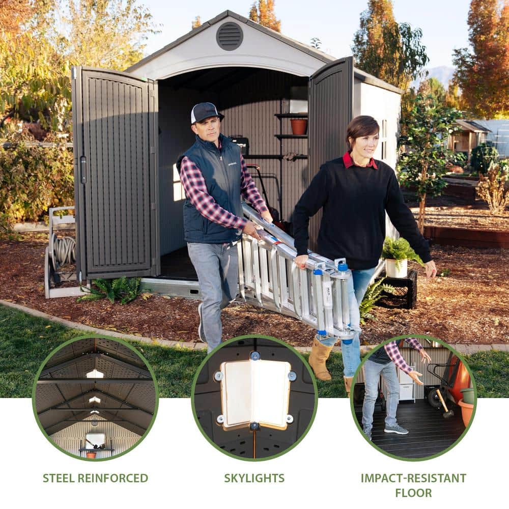 8' x 12.5' Brown Polyethylene Outdoor Storage Shed with Shelving and Windows