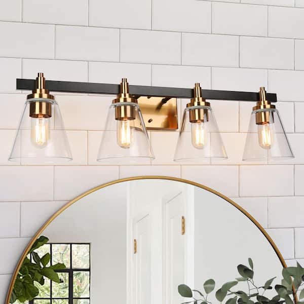 Cucko 30 in. 4-Light Brass Gold Bathroom Vanity Light, Cone Clear Glass Bath Lighting, Modern Black Indoor Wall Sconce