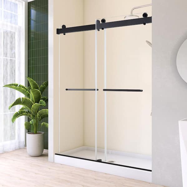 60 in. W x 76 in. H Double Sliding Frameless Shower Door in Matte Black Finish with 0.31 in. Clear Glass and Soft Close