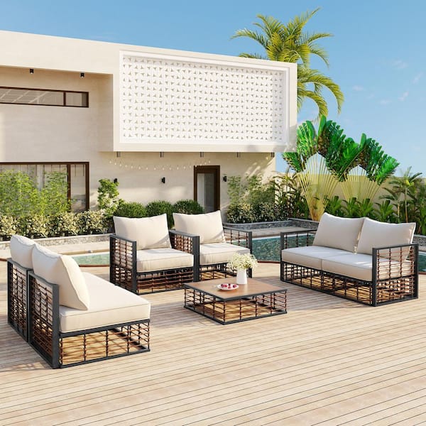 Zeus Ruta Gray Metal 7 Piece Patio Outdoor Sectional Sofa Set with Beige Cushions and 2 Extendable Side Tables WQD28 417 The Home Depot