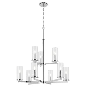 Crosby 32.5 in. 9-Light Chrome 2-Tier Contemporary Candlestick Cylinder Chandelier for Dining Room